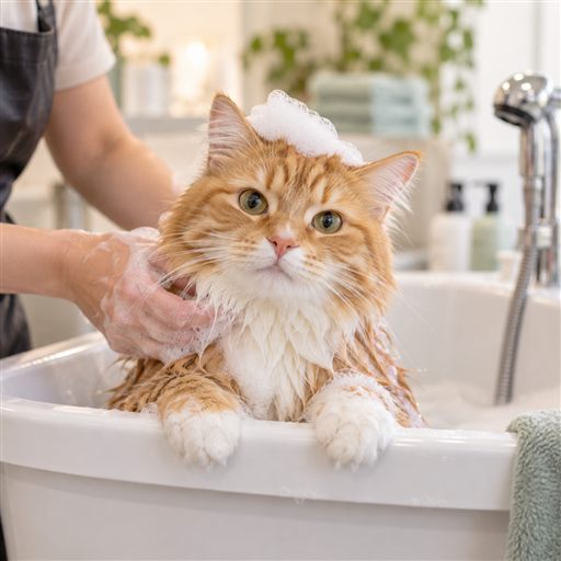 Chat dans une baignoire de toilettage