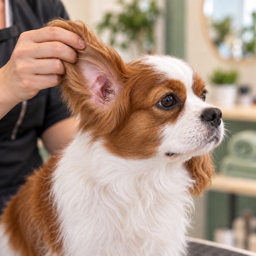 Oreille de chien examinée avec douceur